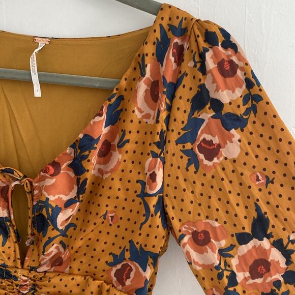 Free People Dress 4 Women's Morning Light Mini LS Balloon Floral Dot Smocked - Picture 7 of 15